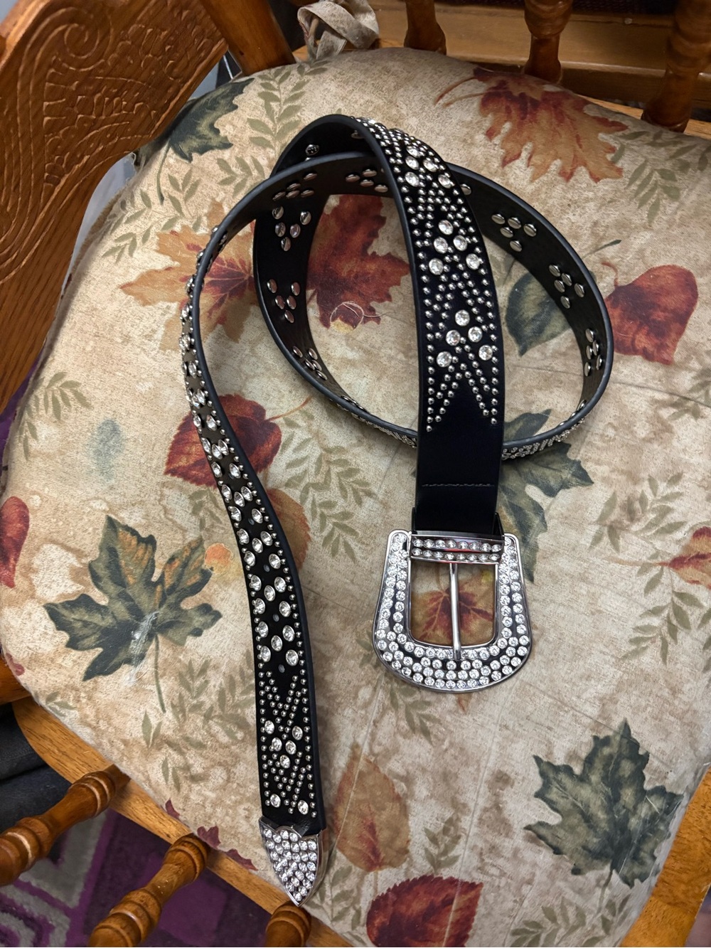 Women's Black Crystal Studded Belt with Rhinestone Buckle